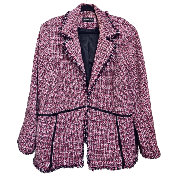 Lane Bryant Jackets & Blazers - Lane Bryant Pink & Black Modern Contast Trim Textured Classic Blazer Fringe Hem